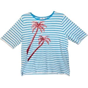 Quacker Factory  Blue & White Sequined Palm Tree Short Sleeve Top Size L